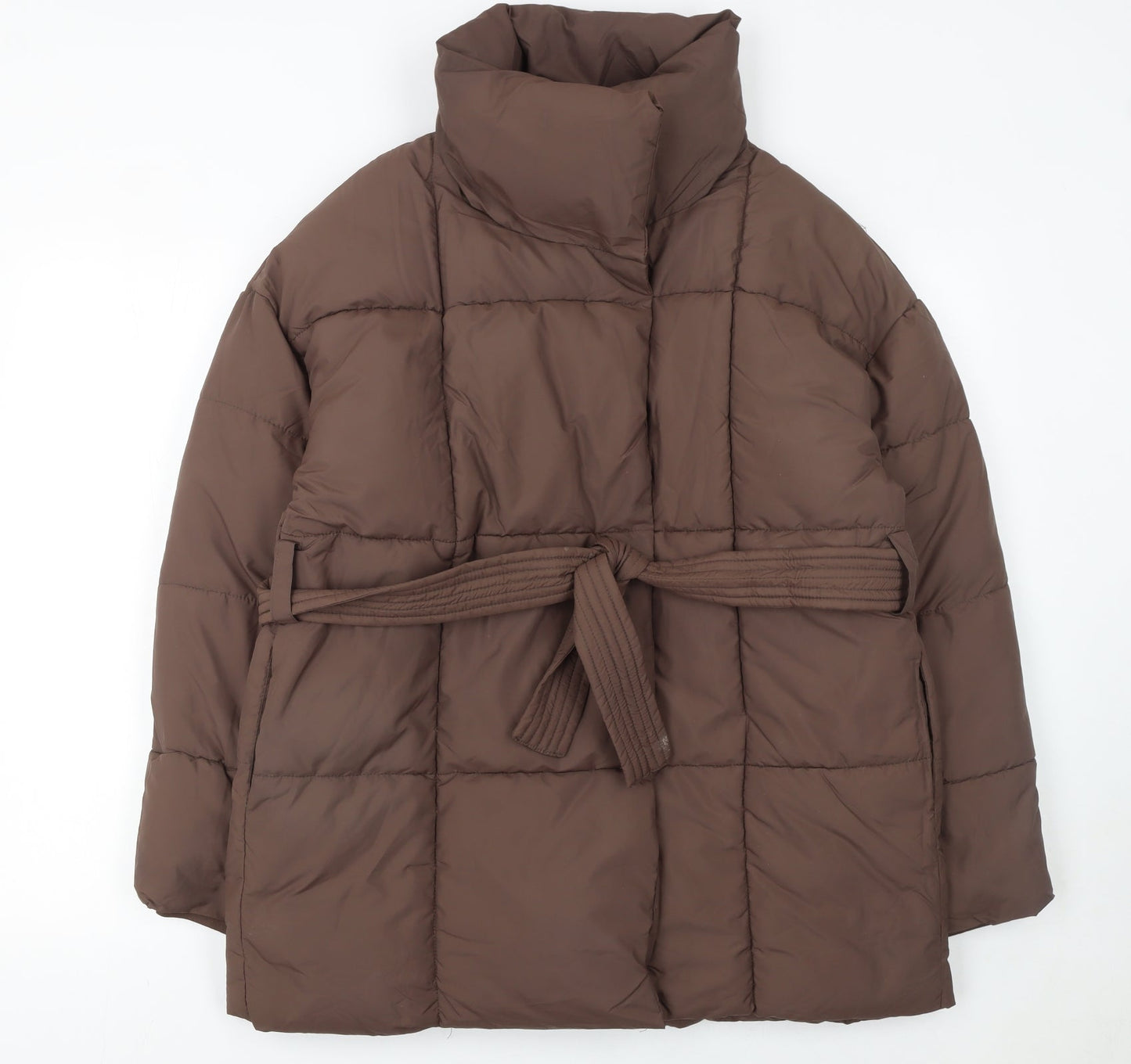 Go.G.G Women Brown Belted Puffer Coat M Mid-Length Quilted Winter Jacket