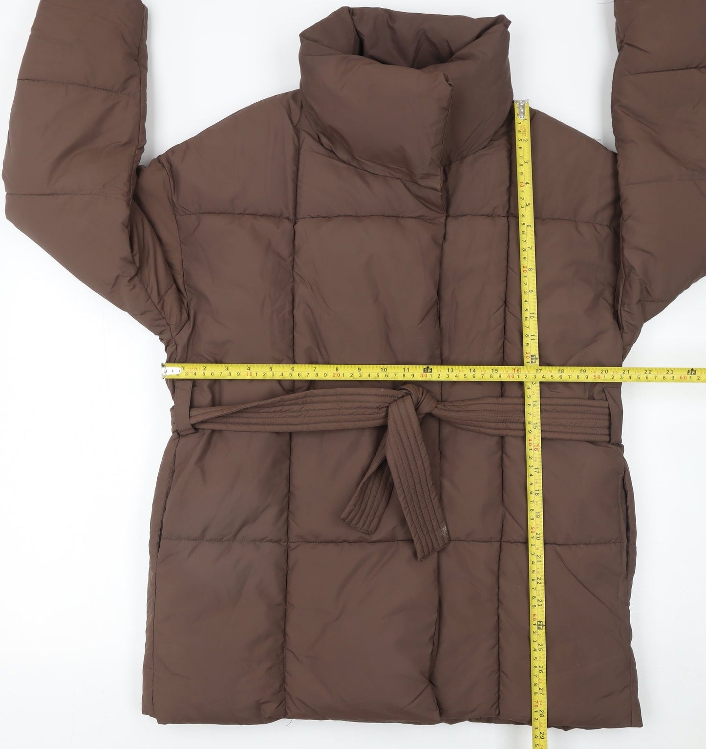 Go.G.G Women Brown Belted Puffer Coat M Mid-Length Quilted Winter Jacket