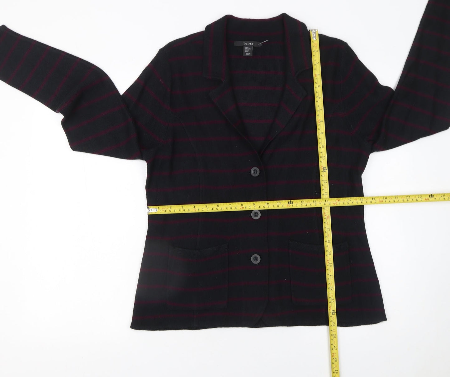 Tahari Women Black XL Striped Collared Button Knit Cardigan