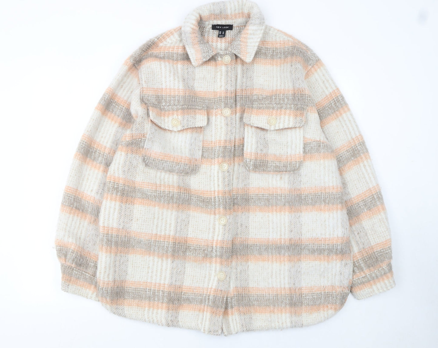 New Look Women’s Beige Checked Shacket Jacket Size 14 Button-Up Classic