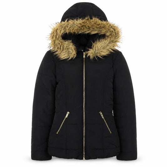H&M Women's Black Faux Fur Hooded Puffer Jacket Size 8