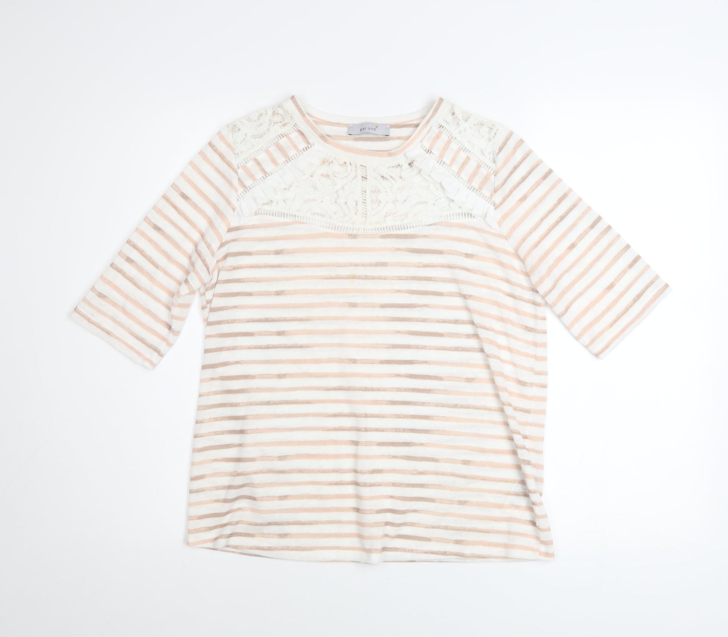 Marks and Spencer Women Beige Striped Lace 3/4 Sleeve T-Shirt Size 12
