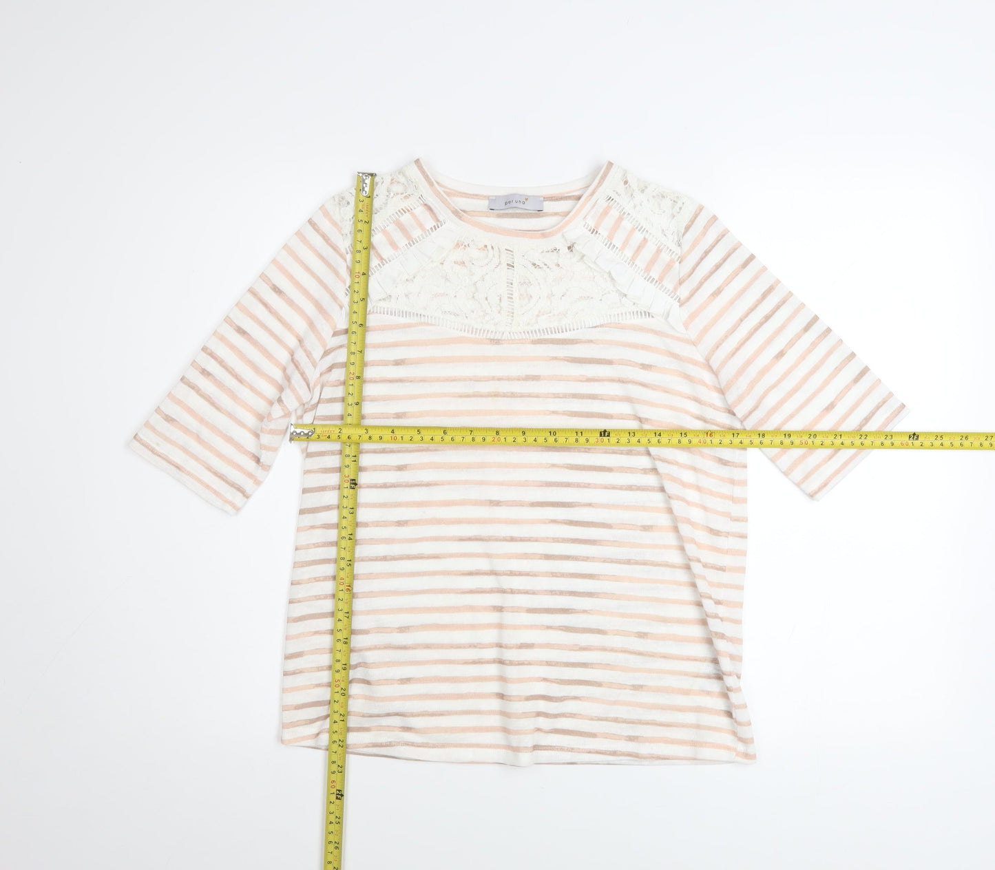 Marks and Spencer Women Beige Striped Lace 3/4 Sleeve T-Shirt Size 12