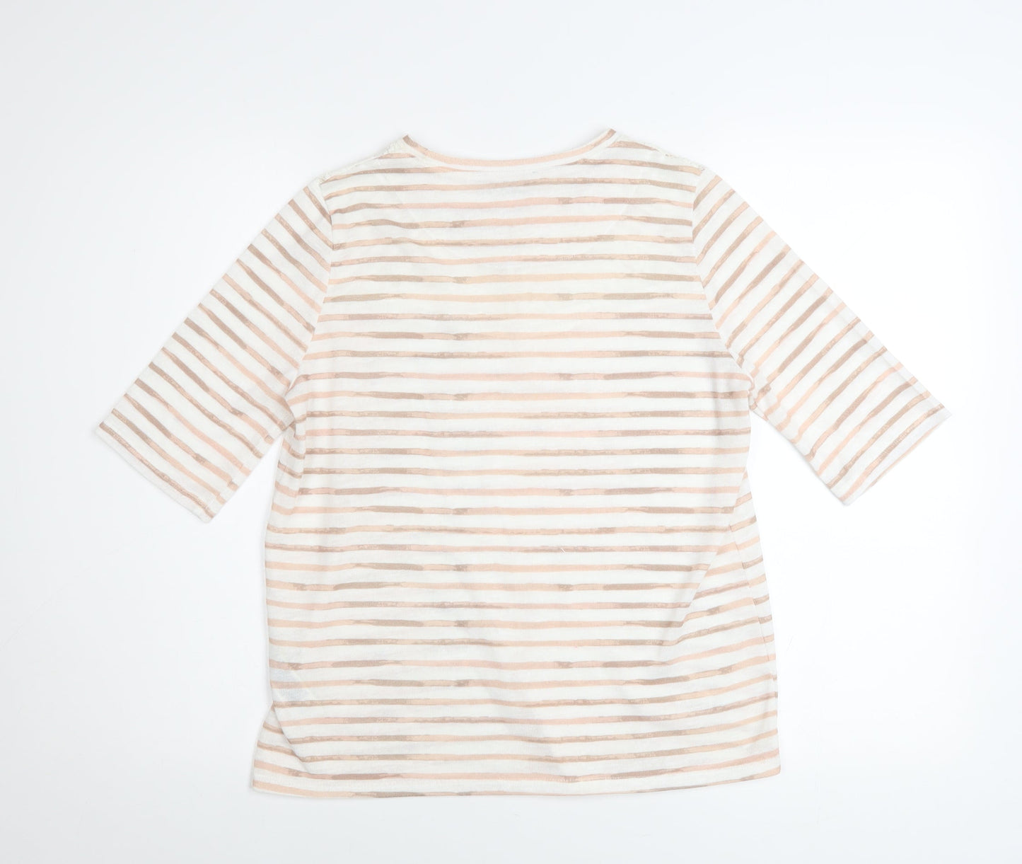 Marks and Spencer Women Beige Striped Lace 3/4 Sleeve T-Shirt Size 12
