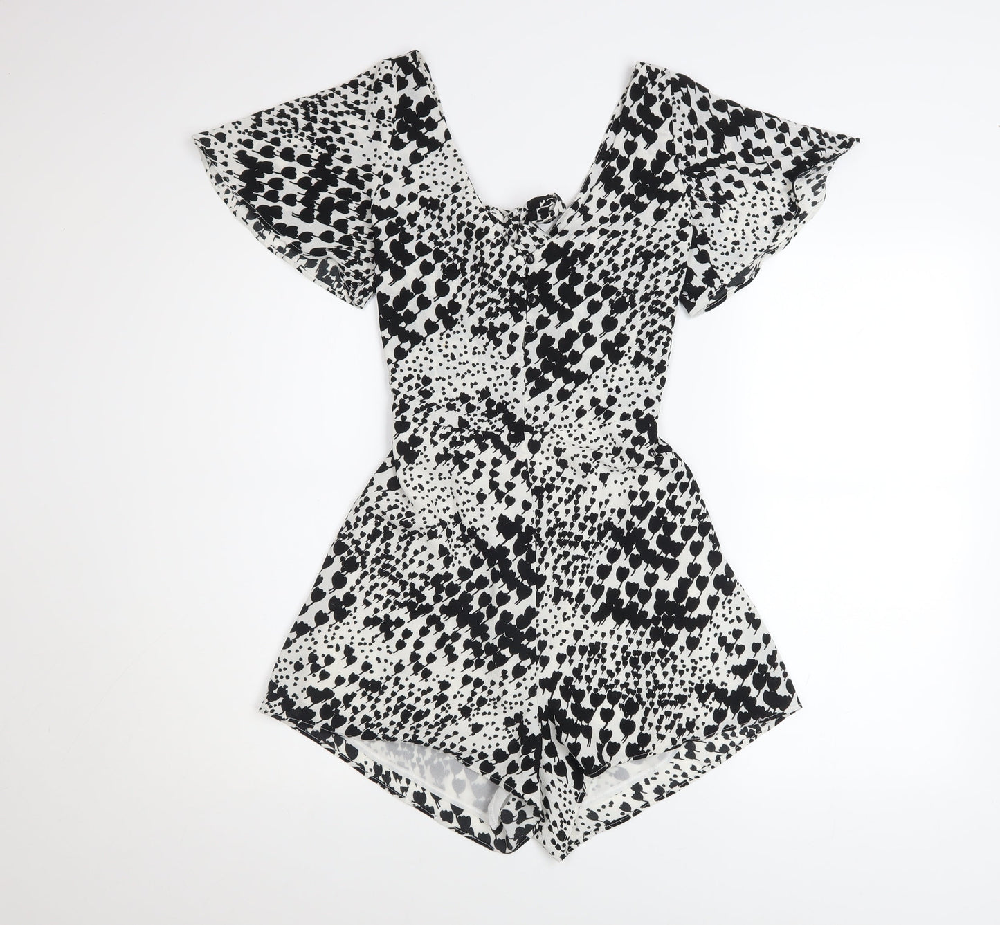 Zara Women's Black White Playsuit S Short Sleeve V-Neck Lightweight