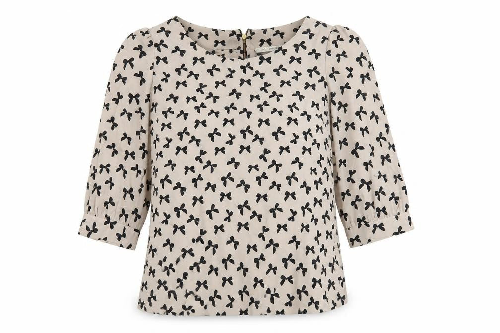 Next Women Beige Black Bow Print 3/4 Sleeve Polyester Blouse Size 12