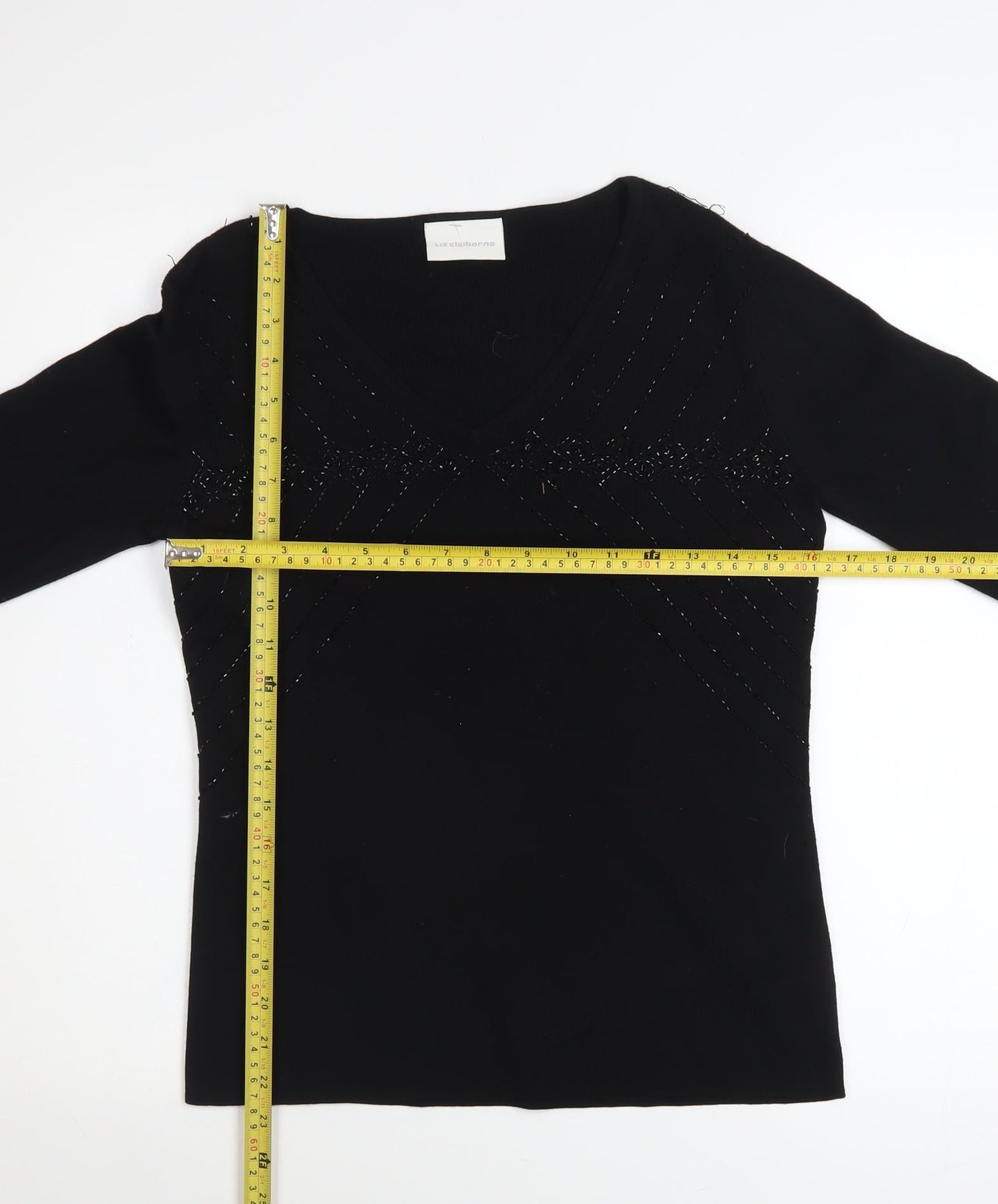Liz Claiborne Women’s Black Beaded V-Neck Long Sleeve Jumper Size S