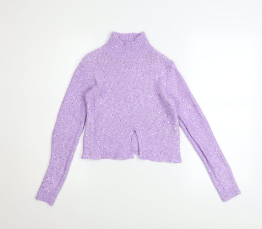 Massimo Dutti Women Purple Sequin Mock Neck Alpaca Jumper Size 8