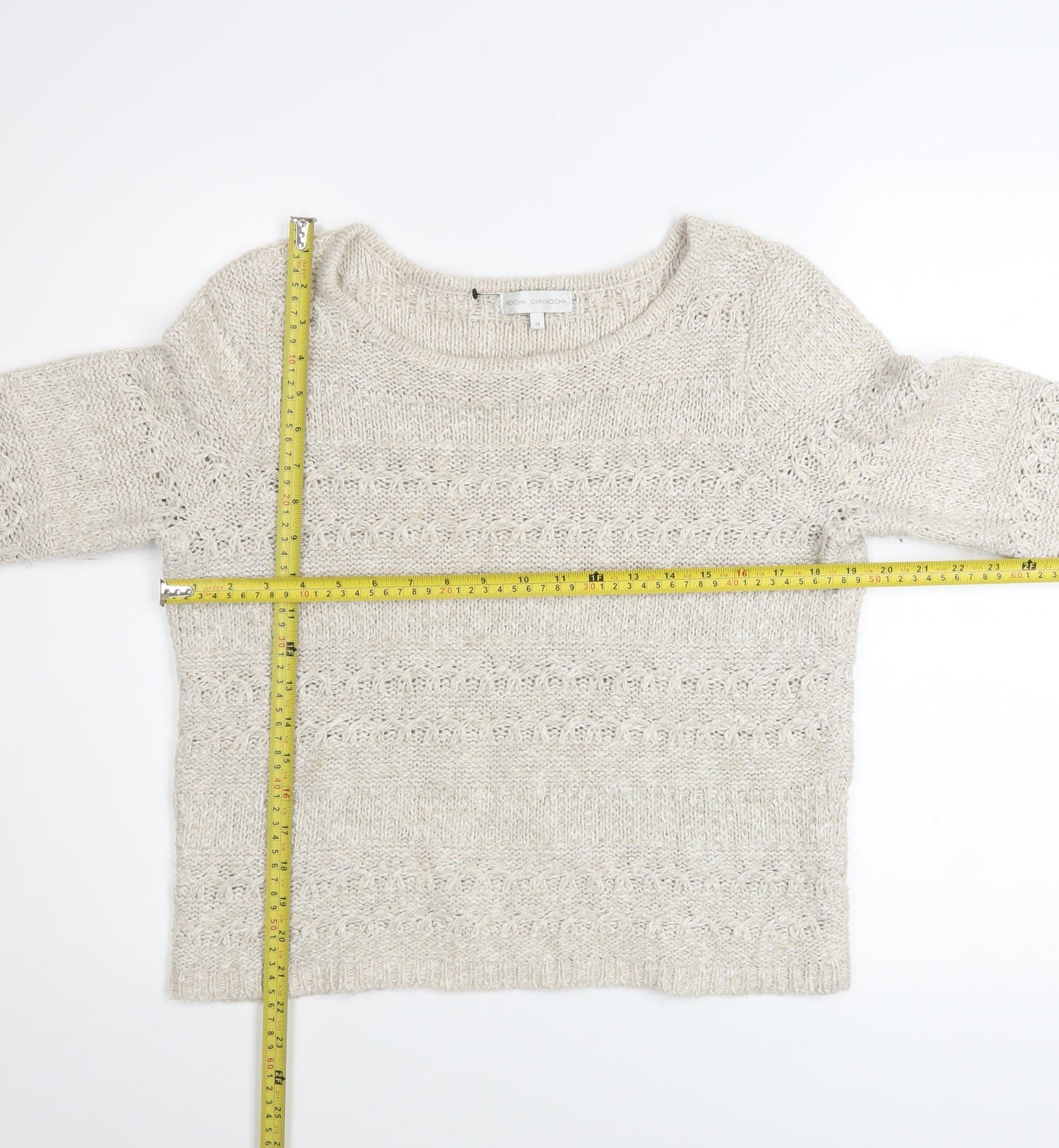 John Rocha Women Beige Open Knit Boat Neck Jumper Size 14