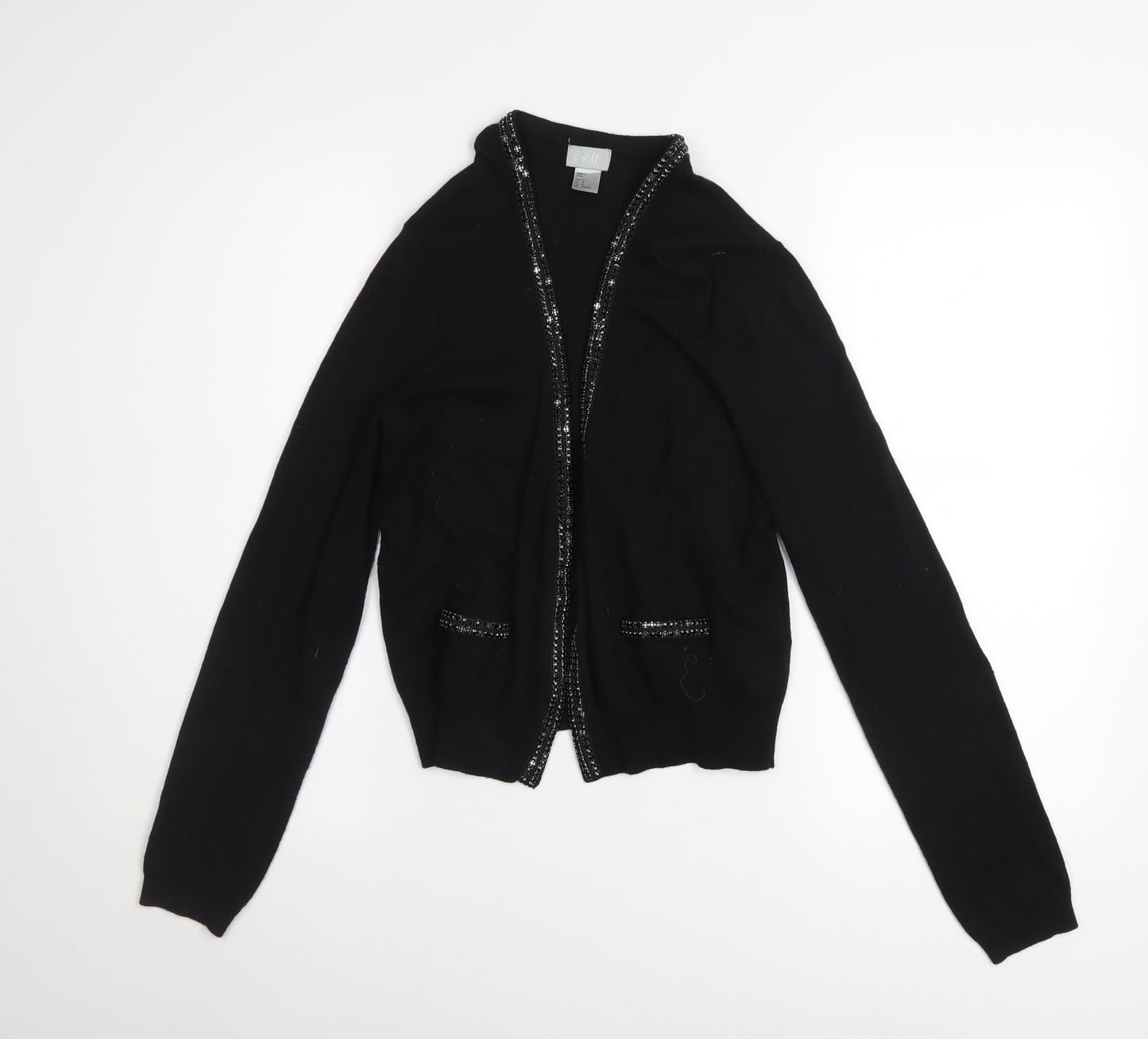 H&M Women’s Black Beaded Trim Cardigan Size 12 V-Neck Knit Jumper