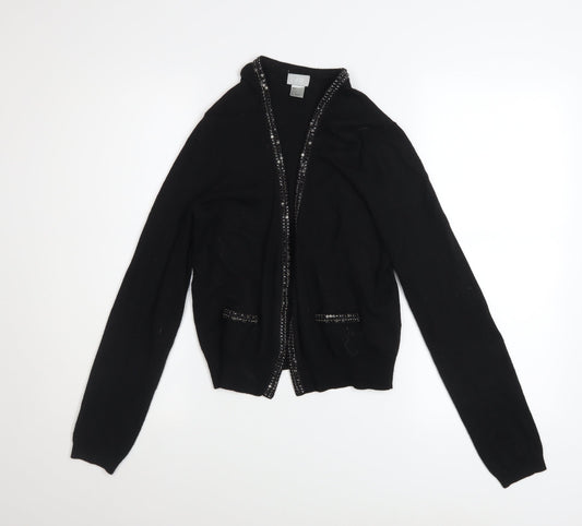 H&M Women’s Black Beaded Trim Cardigan Size 12 V-Neck Knit Jumper
