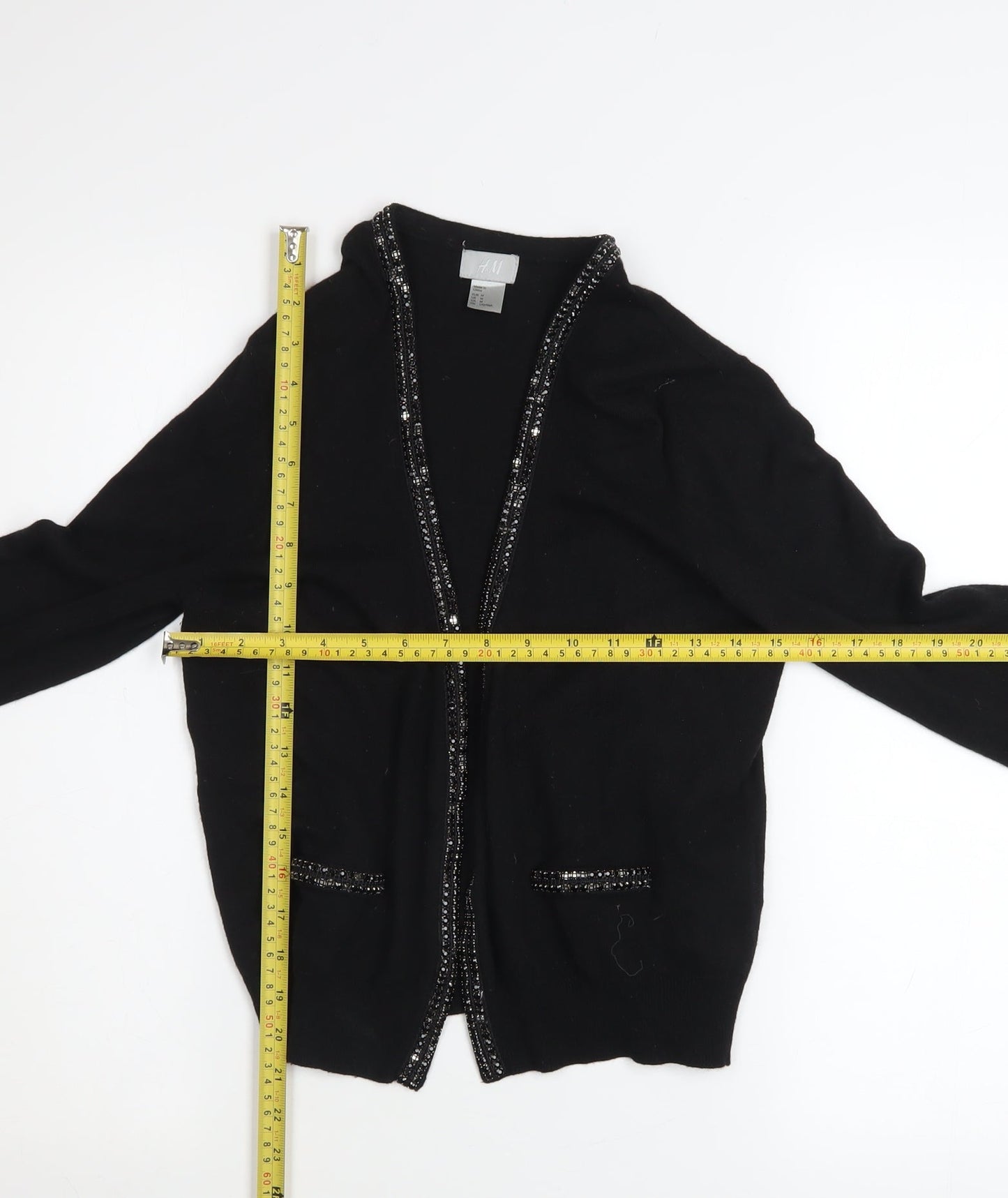 H&M Women’s Black Beaded Trim Cardigan Size 12 V-Neck Knit Jumper