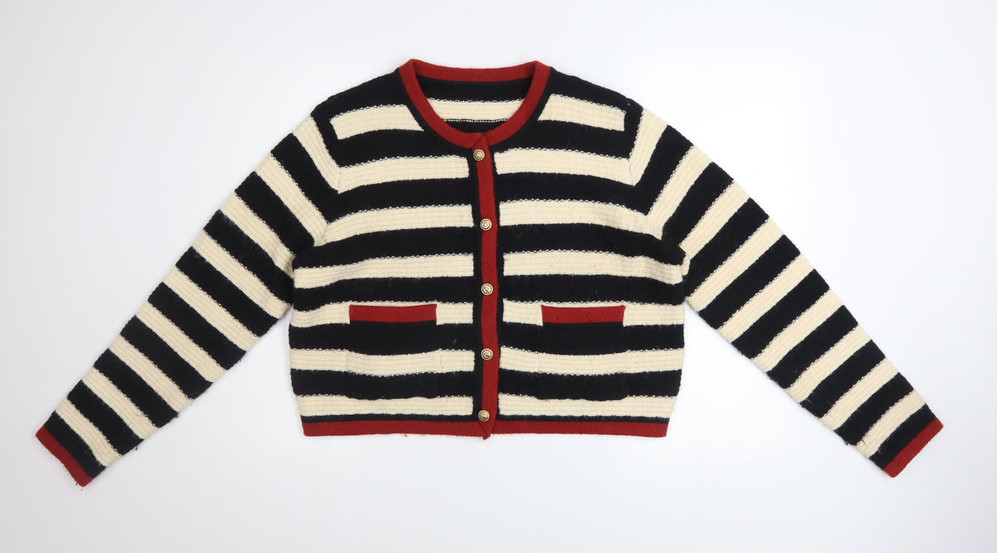 Cider Women Black & Beige Striped Knit Cardigan Size L Button Front