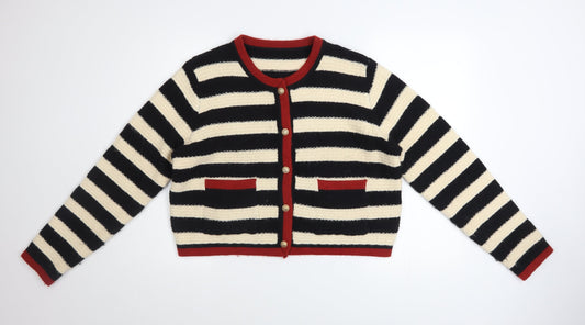 Cider Women Black & Beige Striped Knit Cardigan Size L Button Front