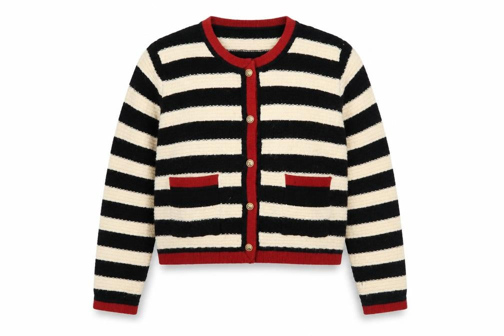 Cider Women Black & Beige Striped Knit Cardigan Size L Button Front