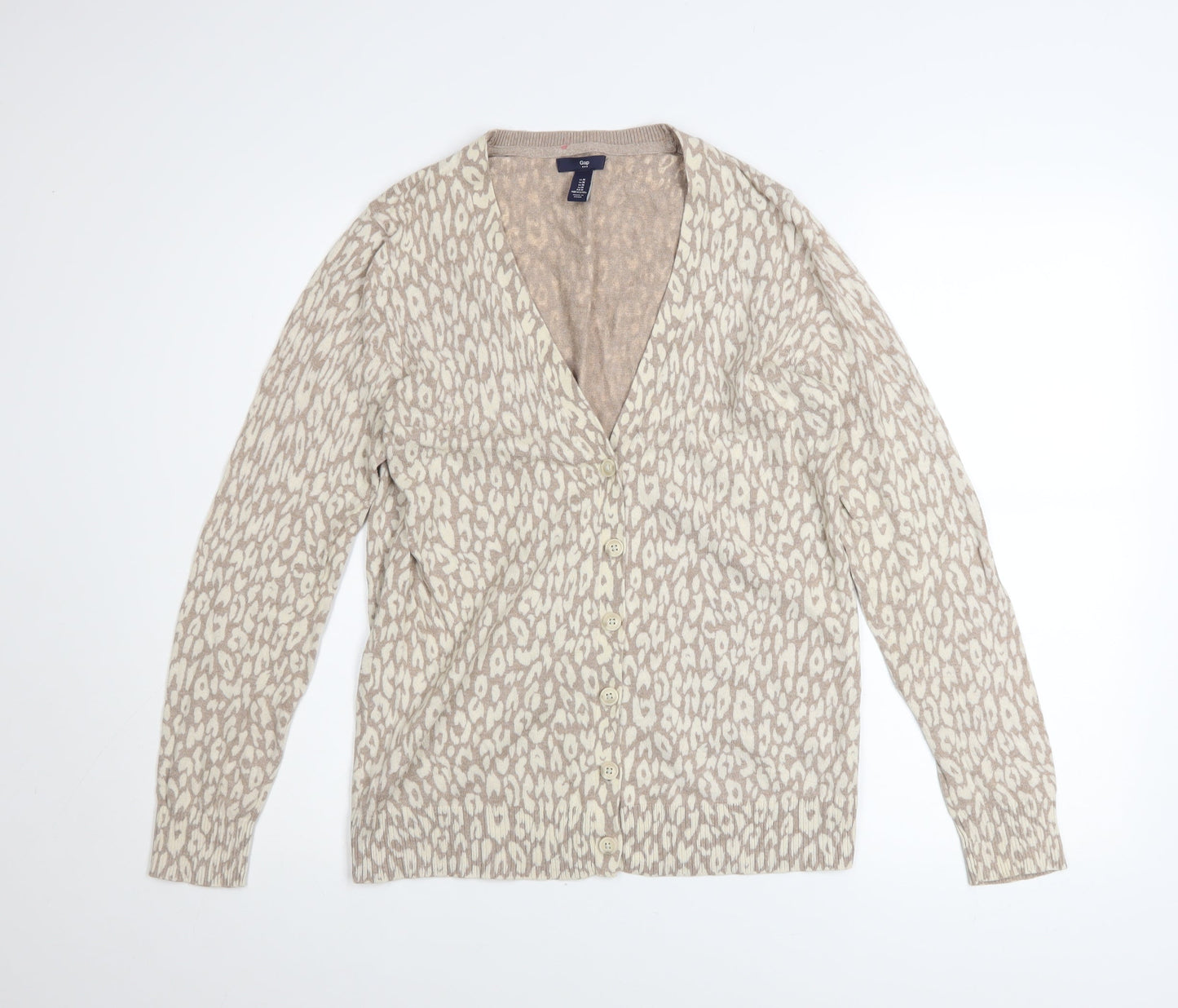 Gap Womens Beige Animal Print Cotton V-Neck Cardigan M