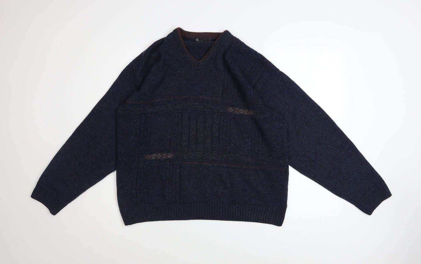 BH Men's Blue Wool Blend V-Neck Knitted Pullover Jumper Size M