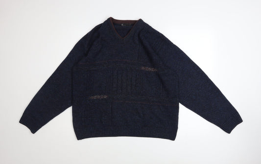 BH Men's Blue Wool Blend V-Neck Knitted Pullover Jumper Size M
