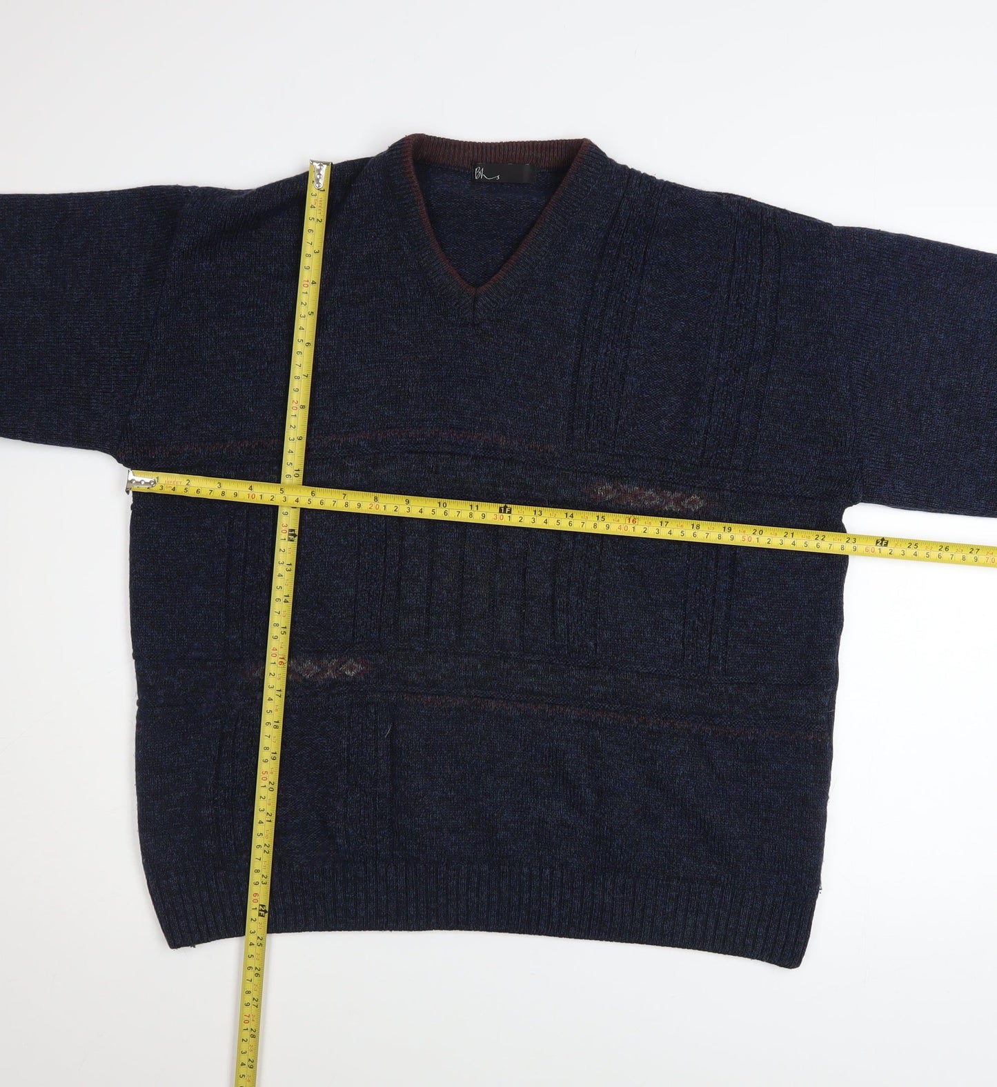 BH Men's Blue Wool Blend V-Neck Knitted Pullover Jumper Size M
