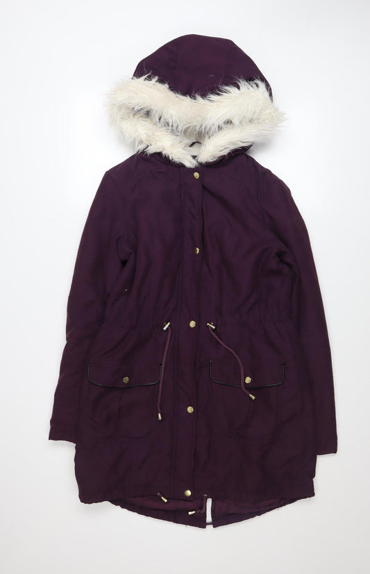 Dorothy Perkins Women’s Purple Faux Fur Hooded Parka Coat Size 10