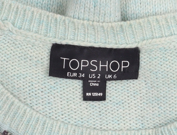 Topshop Women Green Jewel Neck Knit Pullover Jumper Size 6