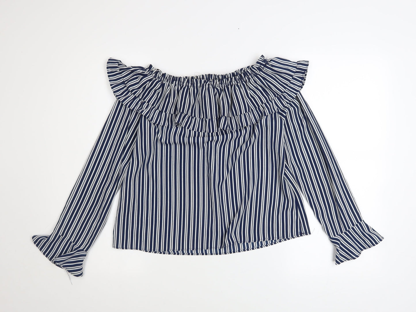 H&M Divided Womens Blue Striped Off Shoulder Ruffle Blouse Size 8
