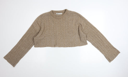 Bershka Women Beige Cable-Knit Cropped Pullover Jumper Size 12