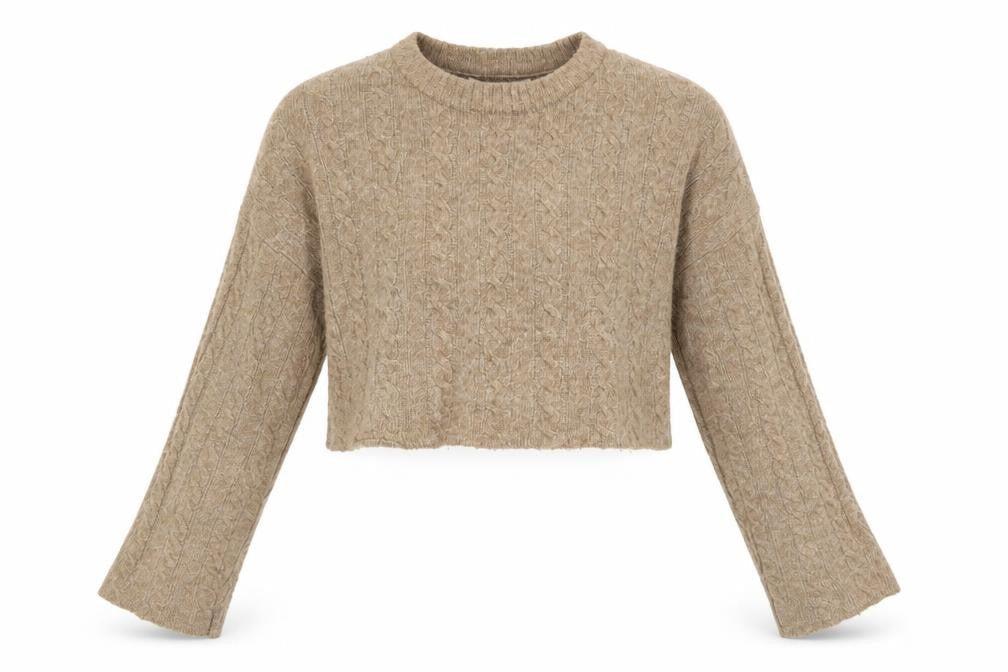 Bershka Women Beige Cable-Knit Cropped Pullover Jumper Size 12