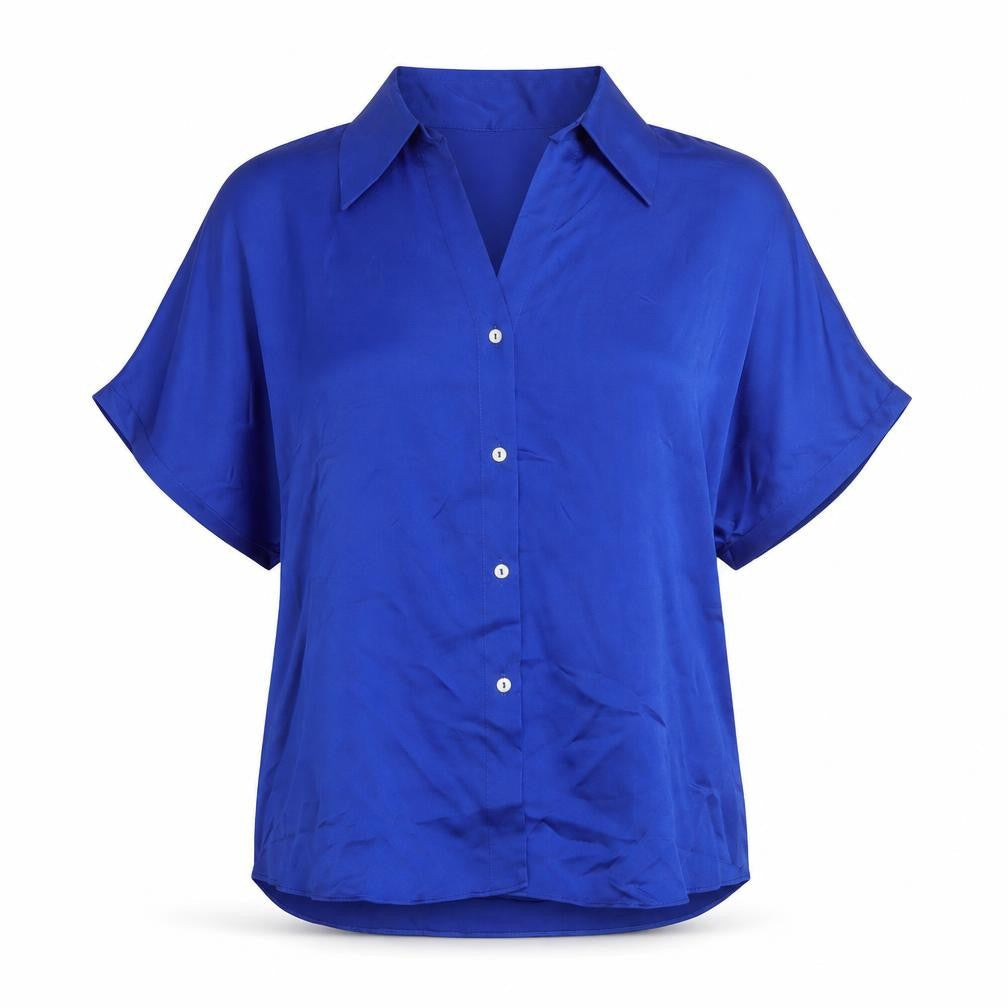 Mango Women's Blue Collared Button-Up Short Sleeve Relaxed Fit Blouse Size 12