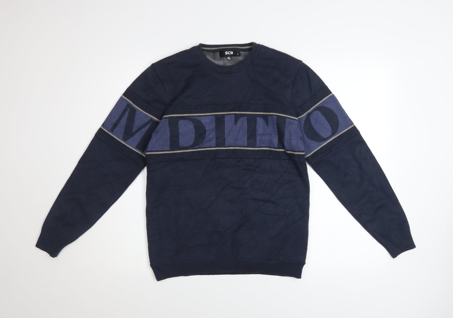 SCQ Mens Blue Crew Neck Graphic Logo Pullover Jumper Size L