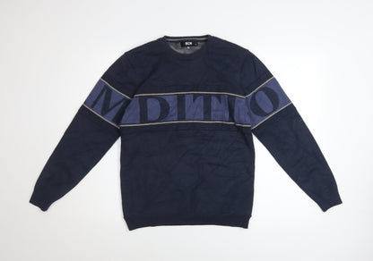 SCQ Mens Blue Crew Neck Graphic Logo Pullover Jumper Size L
