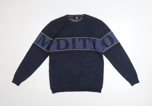 SCQ Mens Blue Crew Neck Graphic Logo Pullover Jumper Size L