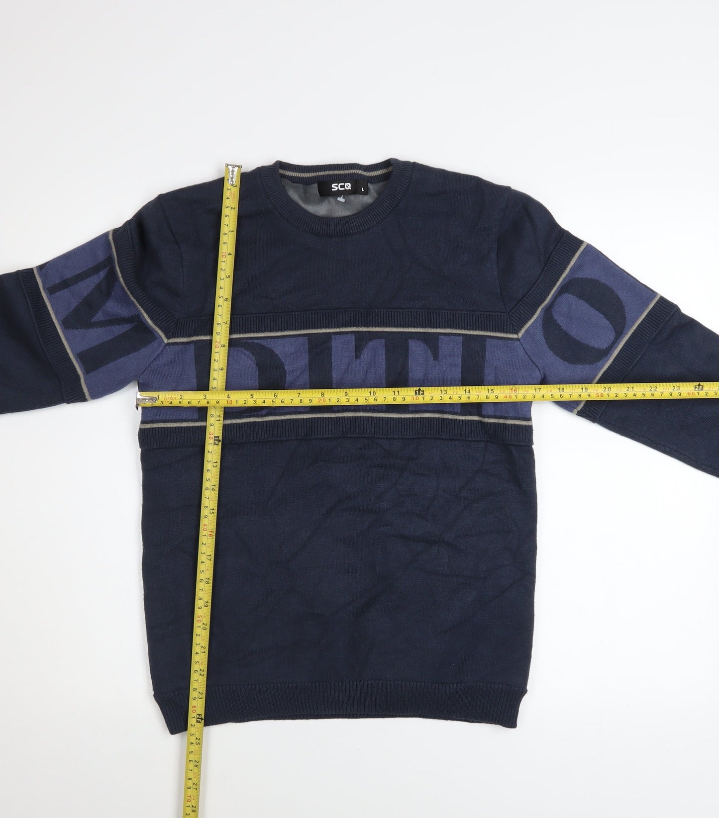 SCQ Mens Blue Crew Neck Graphic Logo Pullover Jumper Size L