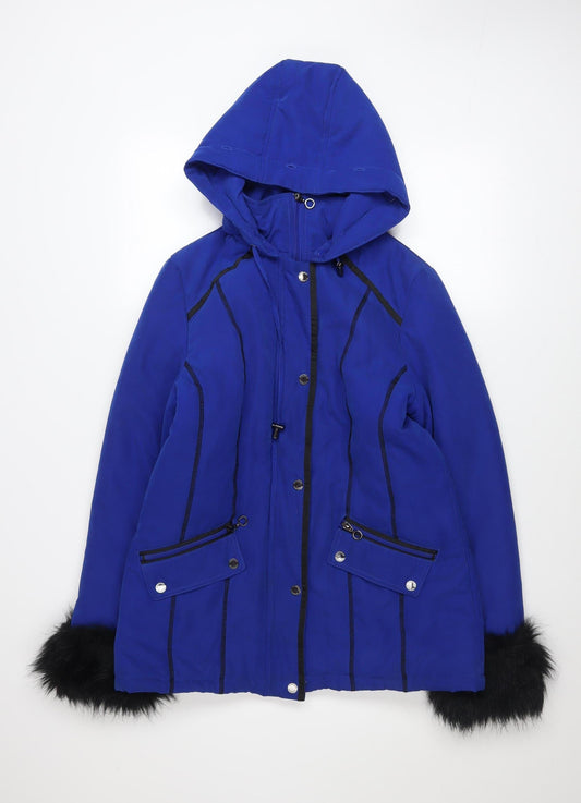 Finesse Womens Blue Hooded Fur Trim Parka Jacket Size 10