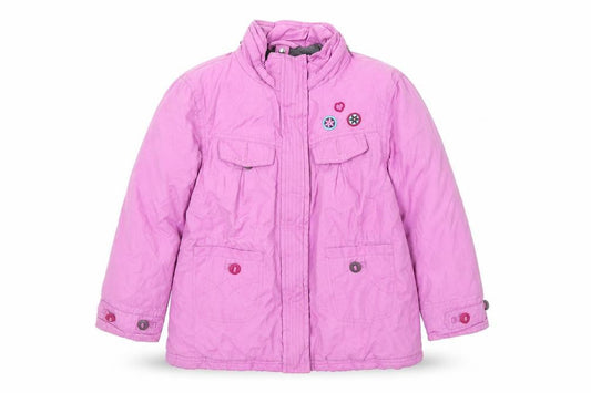 Front view of NAME IT girls’ pink lined mid-length puffer coat 5-6 years hooded jacket