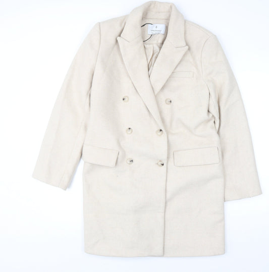 Stradivarius Women’s Beige Wool Blend Long Overcoat Size 14