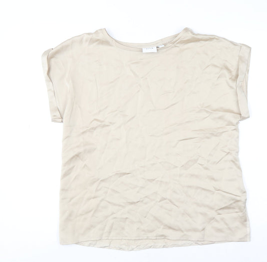 Vila Women Beige Short Sleeve Basic Top Size 12 Polyester Blend