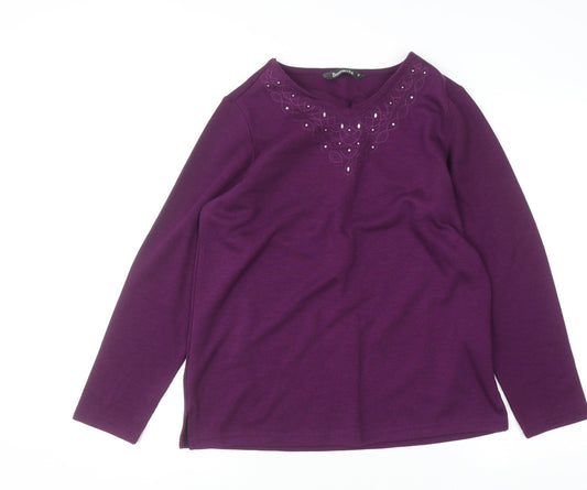 Bonmarché Women's Purple Beaded Long Sleeve V-Neck Top Size S