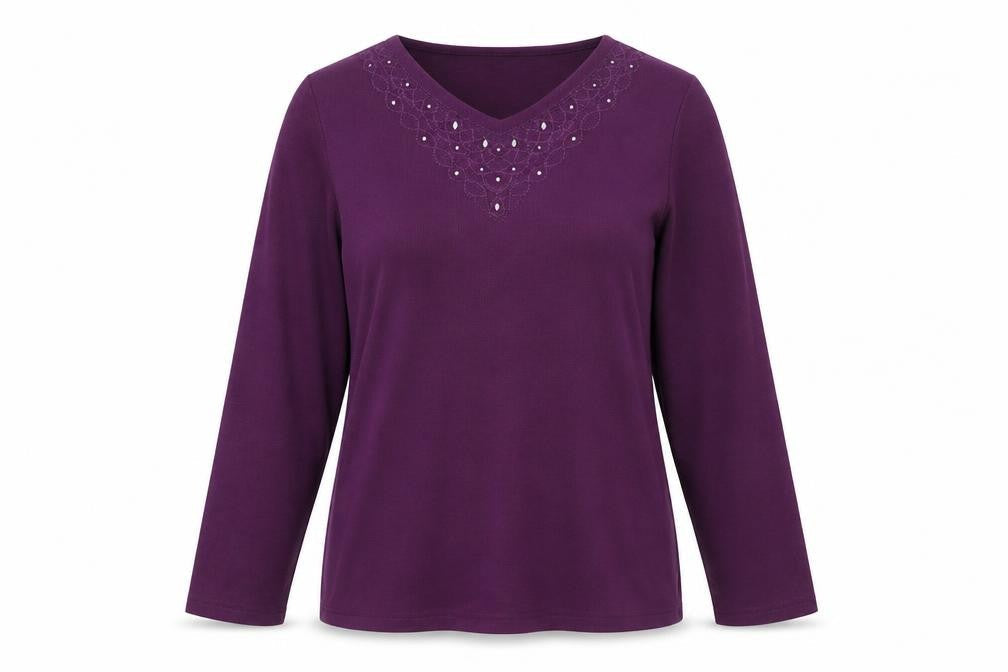 Bonmarché Women's Purple Beaded Long Sleeve V-Neck Top Size S