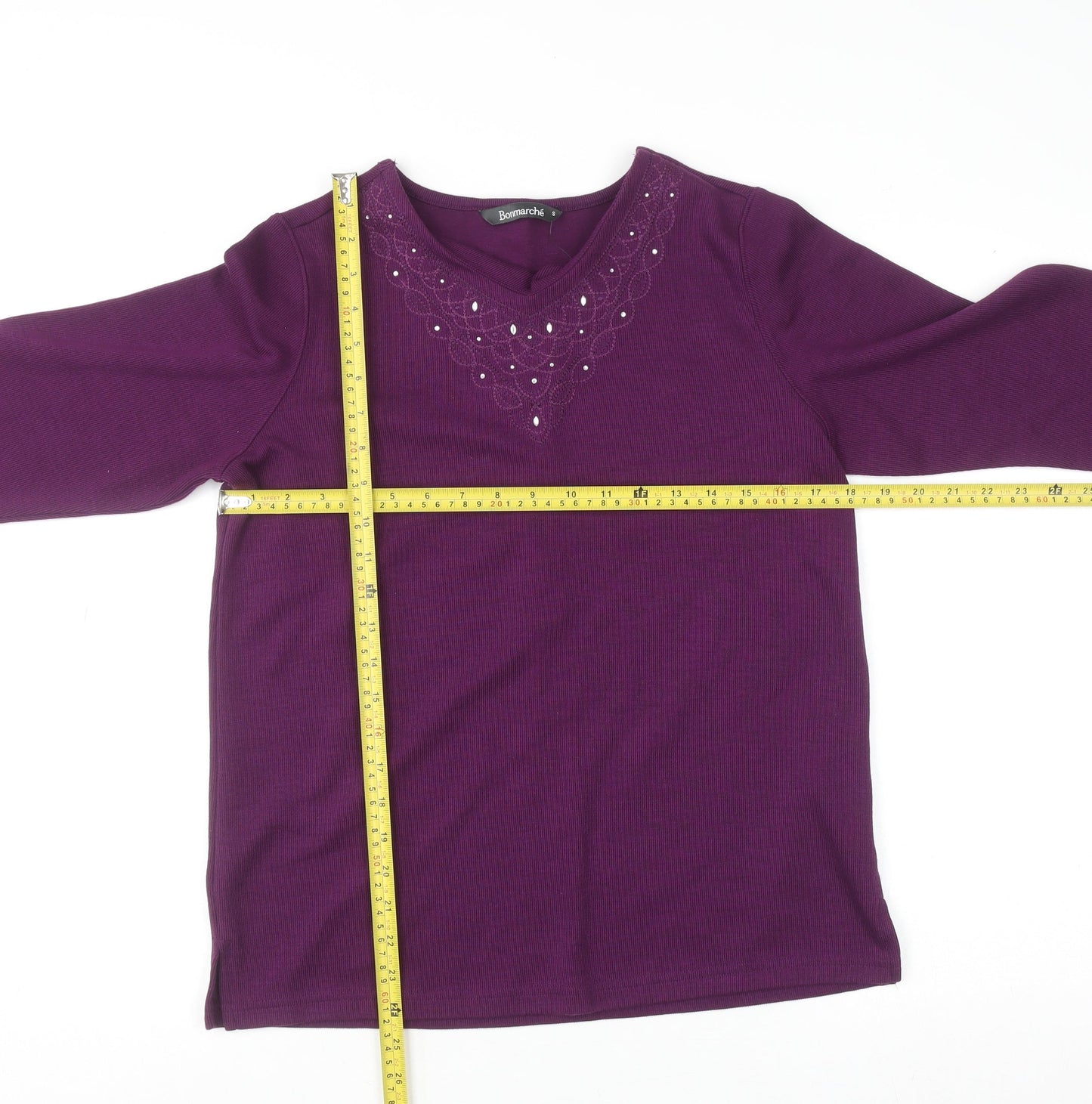 Bonmarché Women's Purple Beaded Long Sleeve V-Neck Top Size S