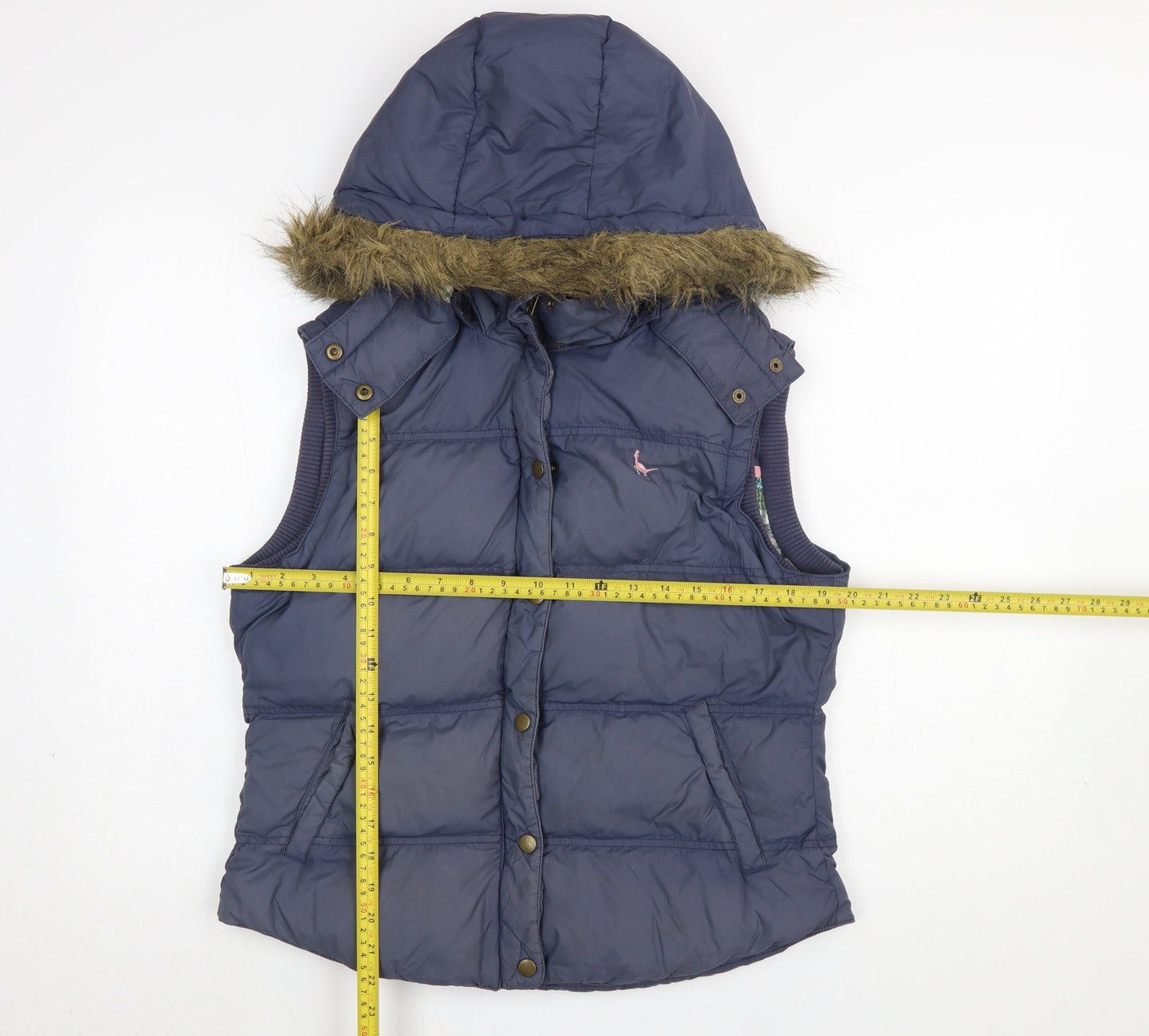 Jack Wills Womens Blue Fur Trim Hooded Puffer Waistcoat Size 14