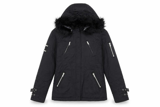 Front view of Red Herring Women's Black Faux Fur Hooded Parka Jacket, size 10