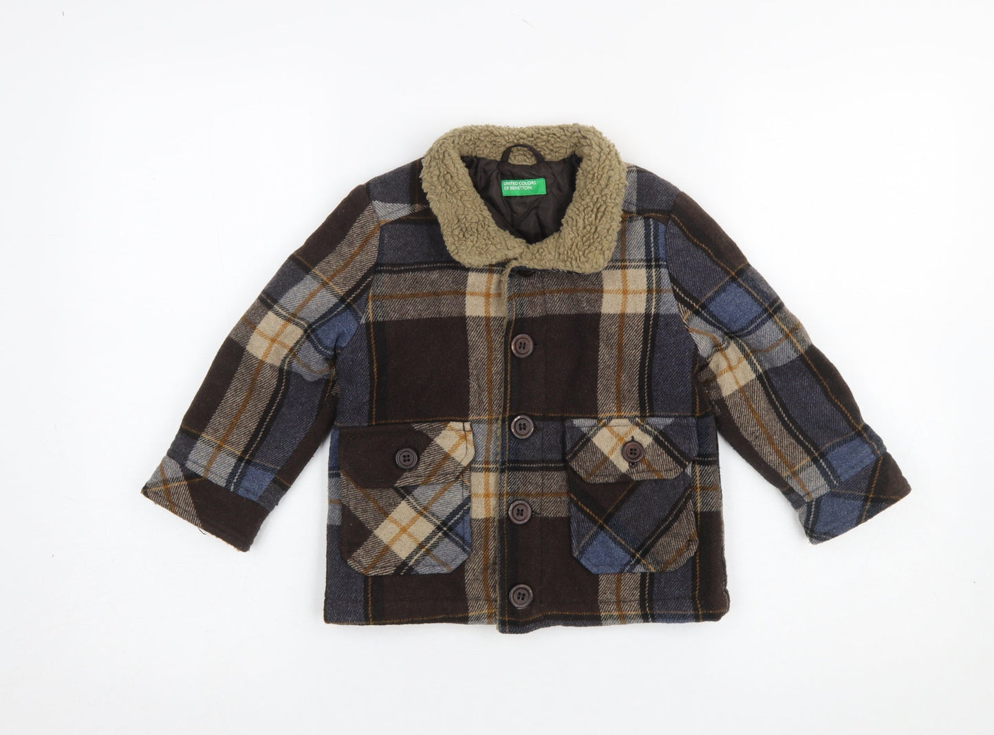 United Colors of Benetton Boys Brown Plaid Wool Blend Coat 3-4 Years