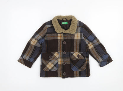 Additional front view of United Colors of Benetton boys’ brown plaid wool blend coat 3-4 years