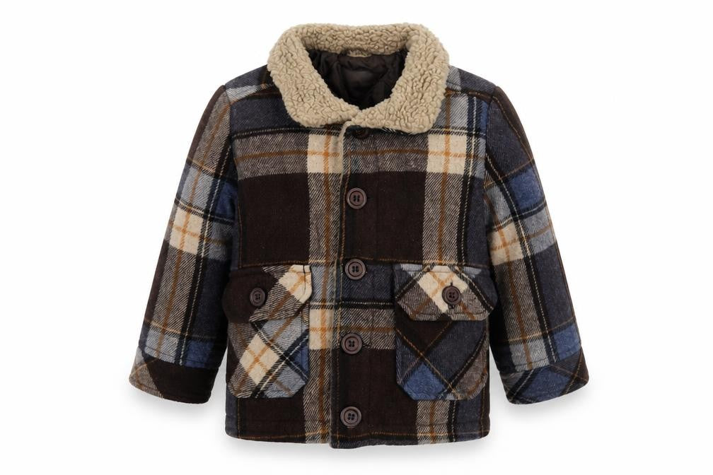 United Colors of Benetton Boys Brown Plaid Wool Blend Coat 3-4 Years