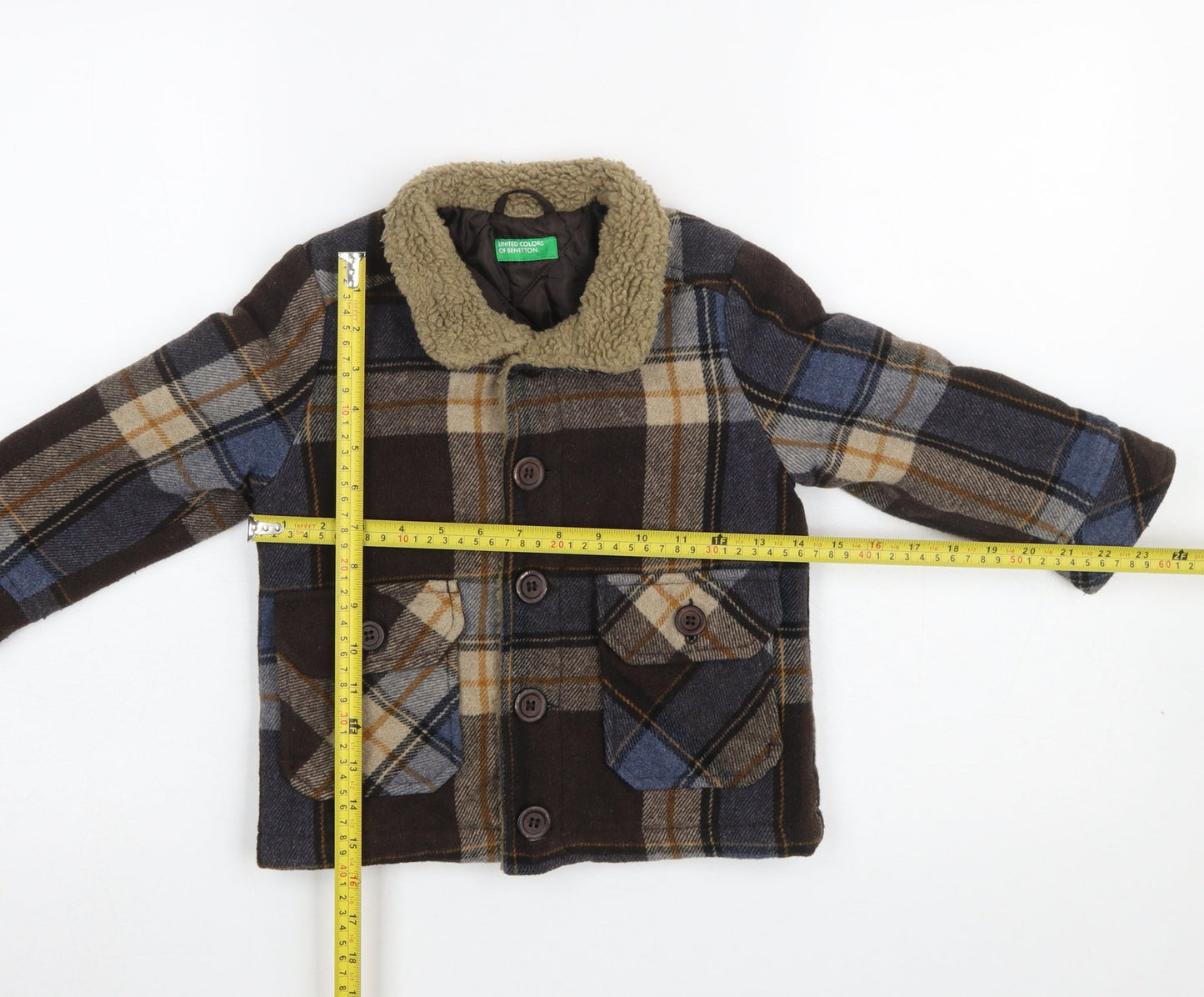 United Colors of Benetton Boys Brown Plaid Wool Blend Coat 3-4 Years