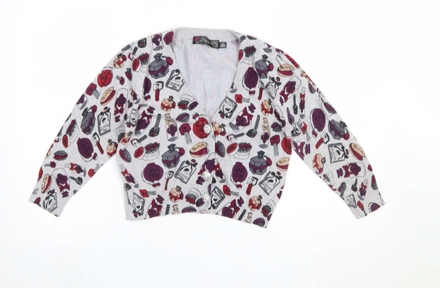 Lipstick Boutique Girls Grey Cardigan Small Makeup Print Button Front