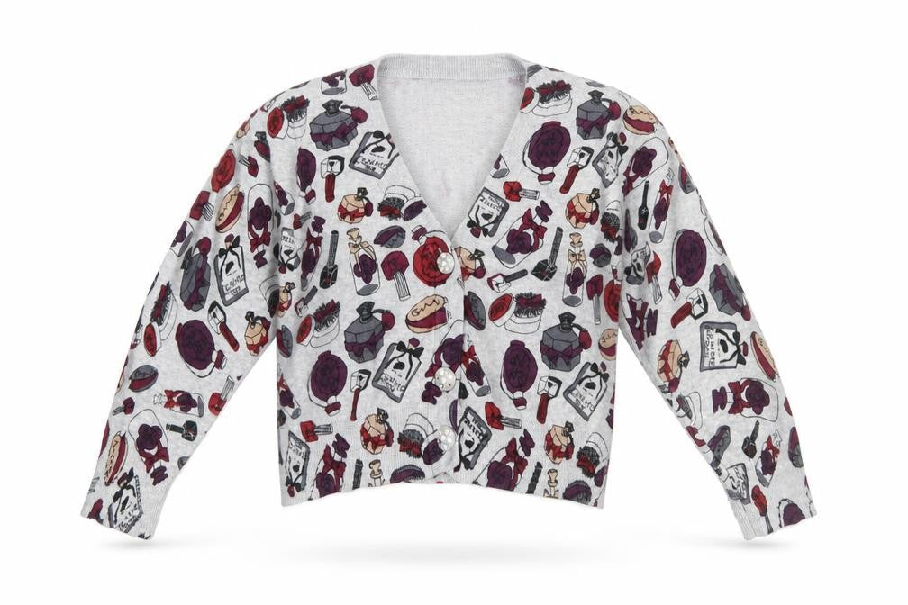 Lipstick Boutique Girls Grey Cardigan Small Makeup Print Button Front