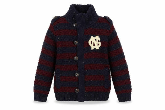 Front view of Scotch Shrunk boys’ navy & burgundy striped wool blend cardigan, size 10/140