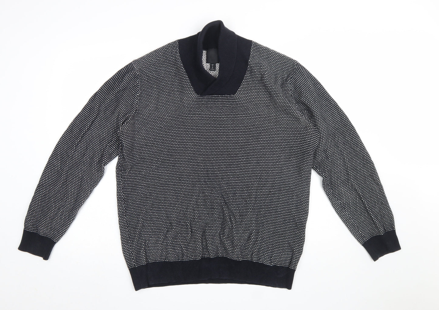 H&M Men Blue Geometric Knit Cotton V-Neck Jumper Size L